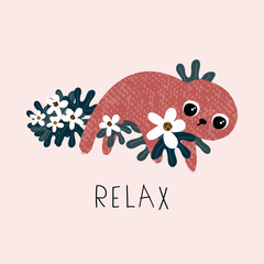 Cute little sloth in the jungle. Childish summer graphic. Vector hand drawn illustration.