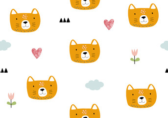 Animal seamless pattern with cat and different shapes. Abstract baby background illustration.
