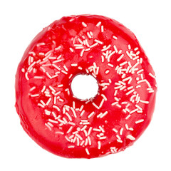 Pink doughnut cut out on white background.