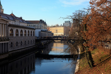 Fototapeta premium Lubiana / Slovenia - December 8, 2017: River in Lubiana town, Slovenia