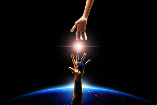 human hand contact with alien, idea, conceptual images
