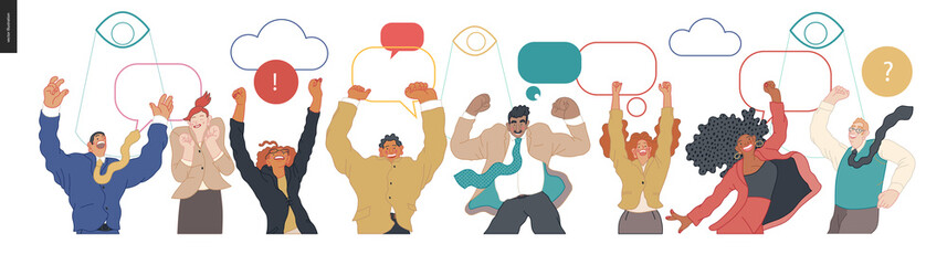 Happy business employees - group of men and women jumping in the air cheerfully. Modern flat vector concept illustration of a happy jumping office workers. Feeling and emotion concept.