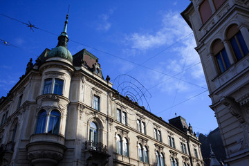 Fototapeta na wymiar Lubiana / Slovenia - December 8, 2017: View of Lubiana buildings, Lubiana, Slovenia