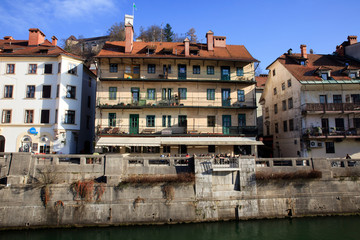 Lubiana / Slovenia - December 8, 2017: View of Lubiana buildings near the river, Lubiana, Slovenia