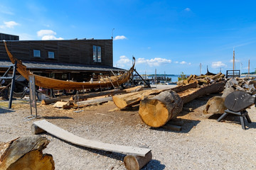 Reconstruction of Viking Ships in harbor of Roskilde, Denmark