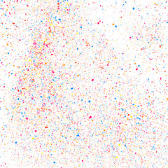 Abstract explosion of confetti. Colorful grainy texture isolated on white background. Colored stains and blots. Vector overlay elements. Digitally generated image. Illustration, EPS 10.