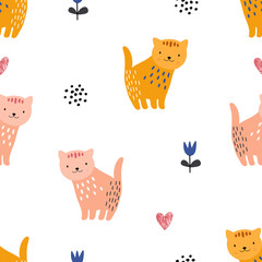 Animal seamless pattern with cat and different shapes. Abstract baby background illustration.