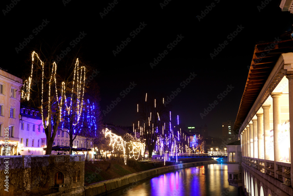 Poster Lubiana / Slovenia - December 8, 2017: Lubiana centre with Christmas decoration, Lubiana, Slovenia