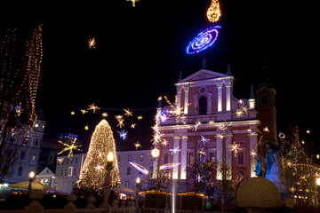 Lubiana / Slovenia - December 8, 2017: Lubiana centre with Christmas decoration, Lubiana, Slovenia