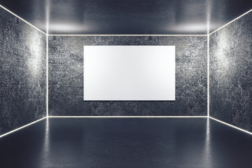 Modern gallery interior with blank billboard.
