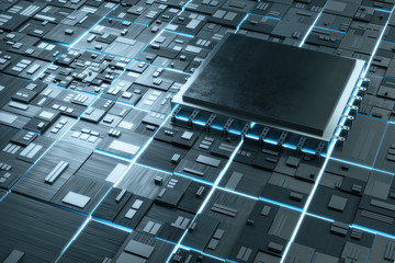 Computer microchip on dark motherboard.