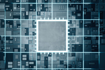 Black microchip on dark motherboard.