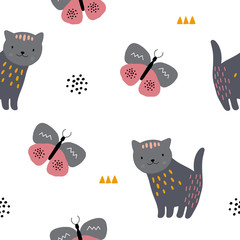 Animal seamless pattern with cat and different shapes. Abstract baby background illustration.