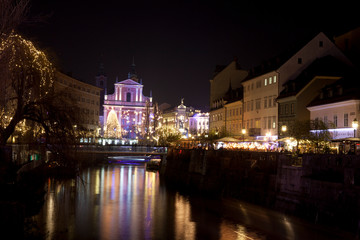 Lubiana / Slovenia - December 8, 2017: Lubiana centre and the river in the night, Lubiana, Slovenia