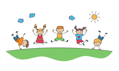 Children jump together. Funny jumping kids. Happy childhood. Doodle hand drawn vector illustration