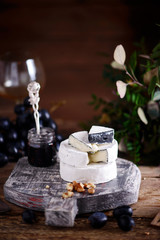 Farmer camembert cheese on the cutting board. selective focus