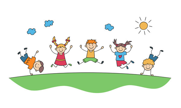 Children jump together. Funny jumping kids. Happy childhood. Doodle hand drawn vector illustration