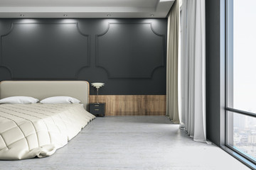 Modern bedroom interior with panoramic city view