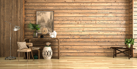 Holzwand mit Konsole und Dekoration © Mediaparts