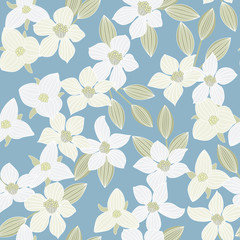 Vector Flowers in White Gray with Green Leaves on Blue Background Seamless Repeat Pattern. Background for textiles, cards, manufacturing, wallpapers, print, gift wrap and scrapbooking.
