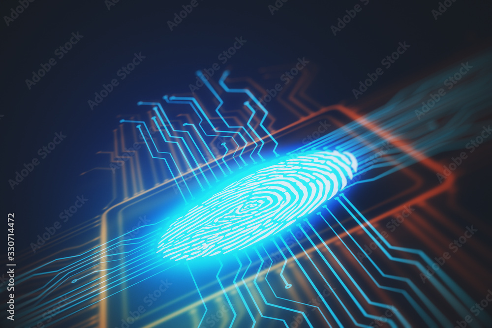 Poster Digital screen with fingerprint and microchip