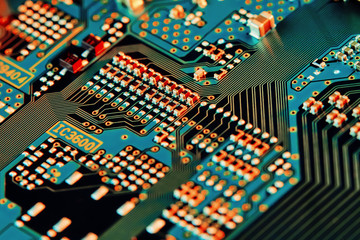 Electronic circuit board with electronic components such as chips close up
