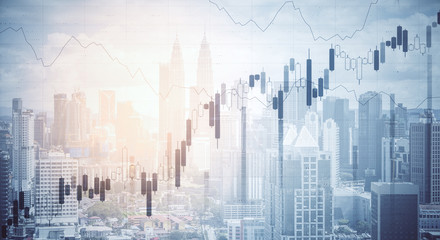 Fototapeta na wymiar Glowing stock analytics on blurry city background.