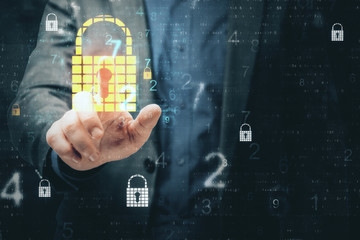 Businessman hand using internet security hologram