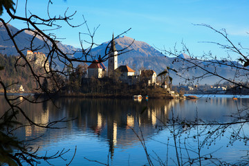 Bled / Slovenia - December 8, 2017: The Lake Bled and Santa Maria Church near Bled, Slovenia