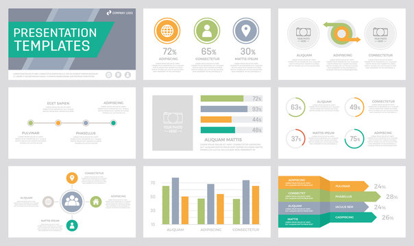 Set of orange, green, grey and turquoise elements for multipurpose presentation template slides with graphs and charts.