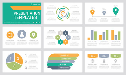 Set of orange, green, grey, blue and turquoise elements for multipurpose presentation template slides with graphs and charts.
