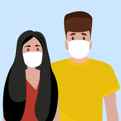 Man and woman in medical masks protect themselves from the epidemic. Cartoon flat design, vector illustration about the disease.