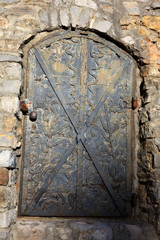 Skofja Loka / Slovenia - December 9, 2017: Aa iron door near Skofja Loka castle, Slovenia