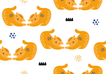 Animal seamless pattern with cat and different shapes. Abstract baby background illustration.