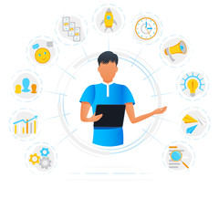 Vector illustration of multitasking businessman with tablet. Project manager. Multi-tasking office worker. Freelance worker busy with multitasking. Time management. Modern flat design