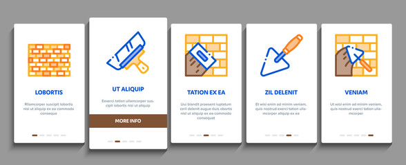 Bricklayer Industry Onboarding Mobile App Page Screen Vector. Professional Bricklayer Worker, Mason Layer Equipment For Construct Brick Wall Color Contour Illustrations