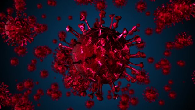 Coronavirus COVID-19 Alert SOS. Pandemic virus medical health risk, immunology, virology, epidemiology concept. 3D render microscope virus background seamless loop.