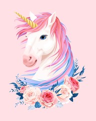 Vector illustration of cute unicorn with gold horn