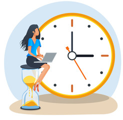Time management and control concept. Young woman with laptop sitting on hourglass in front of huge clock icon. Planning and organization of work time. Flat vector illustration