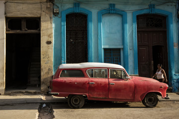 Red old car in Cuba