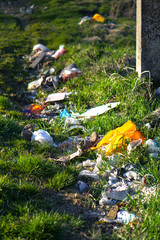 Trash on the nature of abandonment by tourists and vacationers. Ecological catastrophy. Pollution of the planet by people