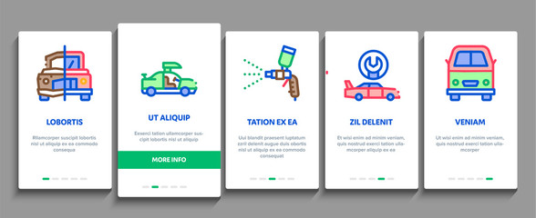 Car Restoration Repair Onboarding Mobile App Page Screen Vector. Classic And Crashed Car Restoration, Painting Body And Fixing Engine, Wheel And Details Color Contour Illustrations