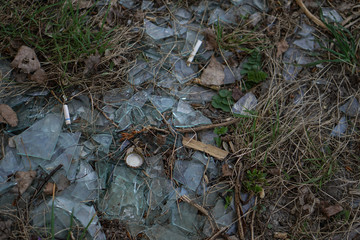 Trash on the nature of abandonment by tourists and vacationers. Ecological catastrophy. Pollution of the planet by people