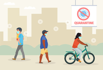 Coronavirus epidemic. People characters wearing protective face masks on street in city vector illustration.