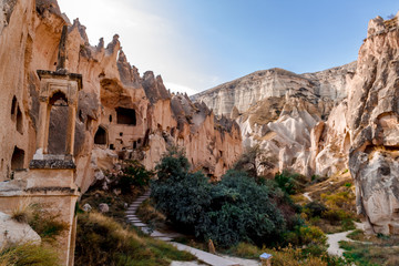 Picturesque panoramic landscape view on Goreme national park. View of Zelve open air museum, Cappadocia, Turkey