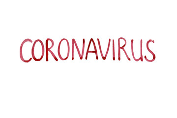 Watercolor hand-drawn sketch. Round Scary Virus Molecule. Warning text announcement. Illustration isolated on white