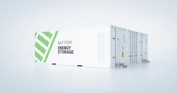 Renewable energy storage - Li Ion battery facility situated on white background. 3d rendering.