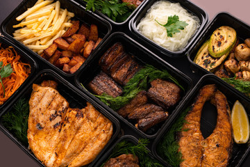 Shashlyk with potatoes and green salad view