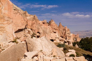 Fototapeta na wymiar Picturesque panoramic landscape view on Goreme national park. View of Zelve open air museum, Cappadocia, Turkey