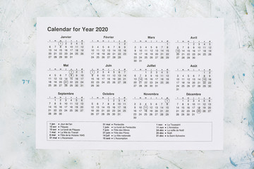 2020 yearly calendar with French national holidays